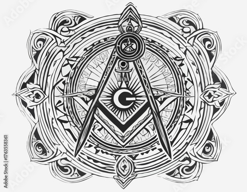Masonic Square and Compass Icon with Tribal Tattoo Vector for Ap