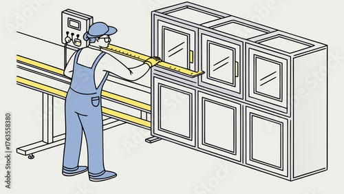 Man in overalls measures cabinet with ruler near machine and control panel in a workshop setting image