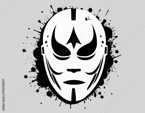 Dramatic monochrome stencil illustration of a wrestling mask with spray drips