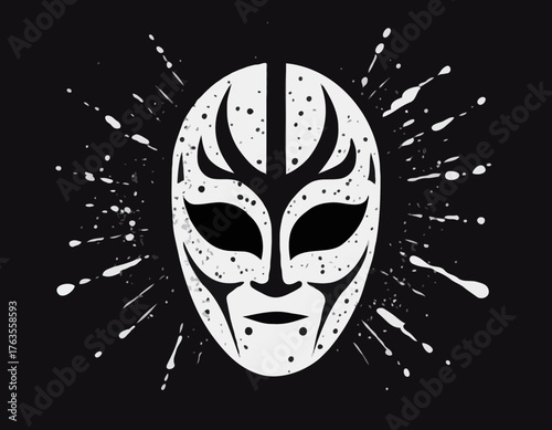 Dramatic monochrome stencil illustration of a wrestling mask with spray drips
