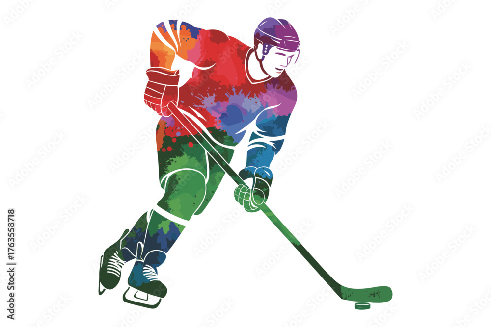 Fototapeta premium Colorful Ice Hockey Player in Action Abstract Watercolor Sports Illustration
