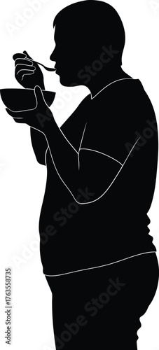 Obese person eating food from a bowl silhouette vector illustration representing unhealthy diet and excessive consumption