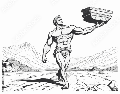 Monumental Burden: Monochrome depiction of a titan carrying cele