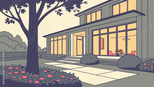 Illustration of a modern house with large windows and a tree in the front yard in the evening time