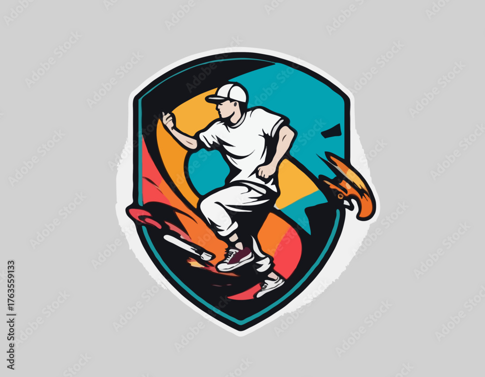 Fototapeta premium Athletic Male Parkour Performer Surrounded by Graffiti Art, Urban Street Style Illustration, Emblematic Shield Design.