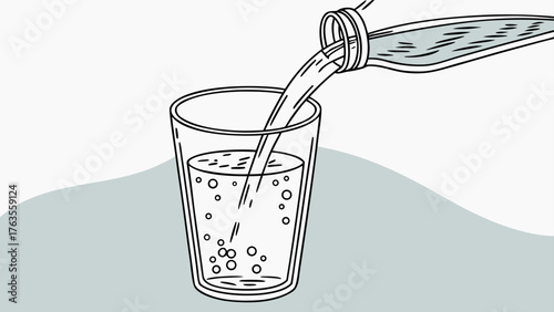 Water being poured from a bottle into a clear glass with bubbles in a black and white illustration