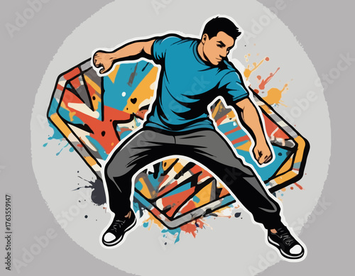 Parkour  male player in graffiti tags, street art pattern illustration, emblem shield badge