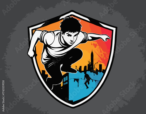 Parkour  male player in graffiti tags, street art pattern illustration, emblem shield badge