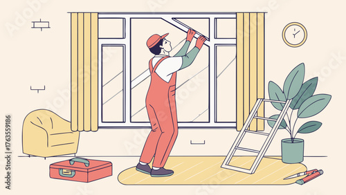 Man in overalls repairing a window frame inside a room with furniture and a plant near a ladder