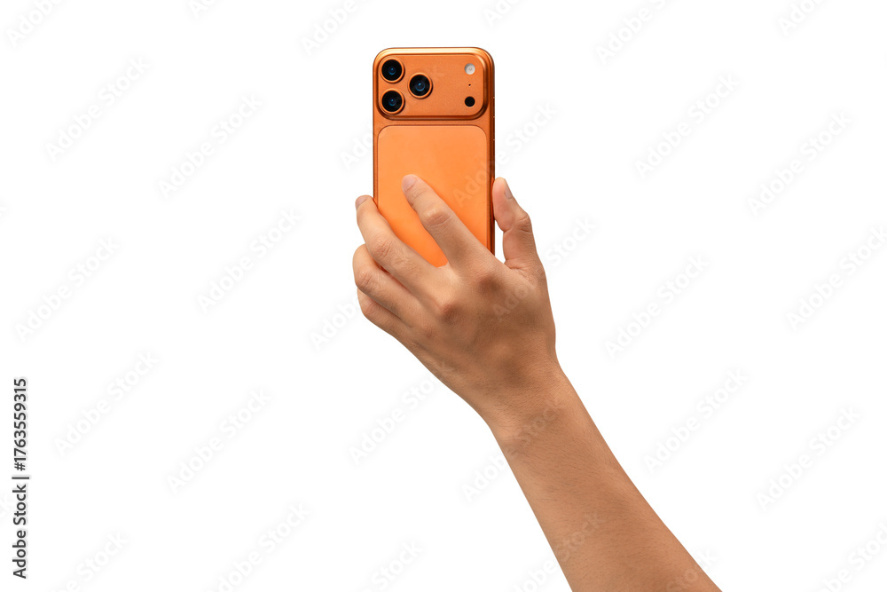Fototapeta premium Back view of a hand holding a new cosmic orange smartphone, isolated on a transparent PNG.