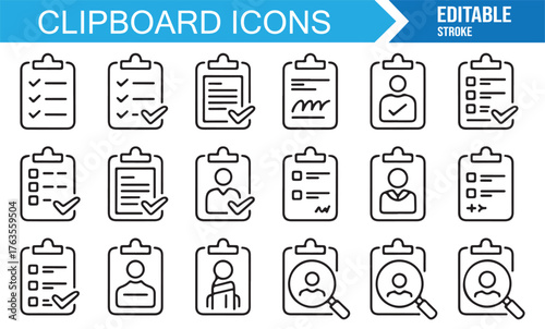 Task list and business clipboard icons, vector line art of organization and data management.
