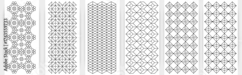 Geometric seamless line pattern collection, abstract circular and floral shape background design, black and white decorative vector set for wallpaper, textile, and art prints
