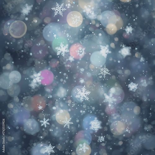 Falling snowflakes illuminated by multicolored lights, a macro shot, dreamy and magical.