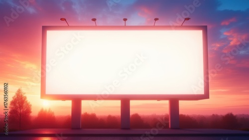 empty large format marketing billboard standing outdoors against a colorful sunset evening sky with warm light and clear gradient clouds, modern advertising mockup template concept of marketing