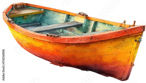 Vibrant, weathered rowboat, side view, showcasing painted wooden planks and a rustic, textured feel