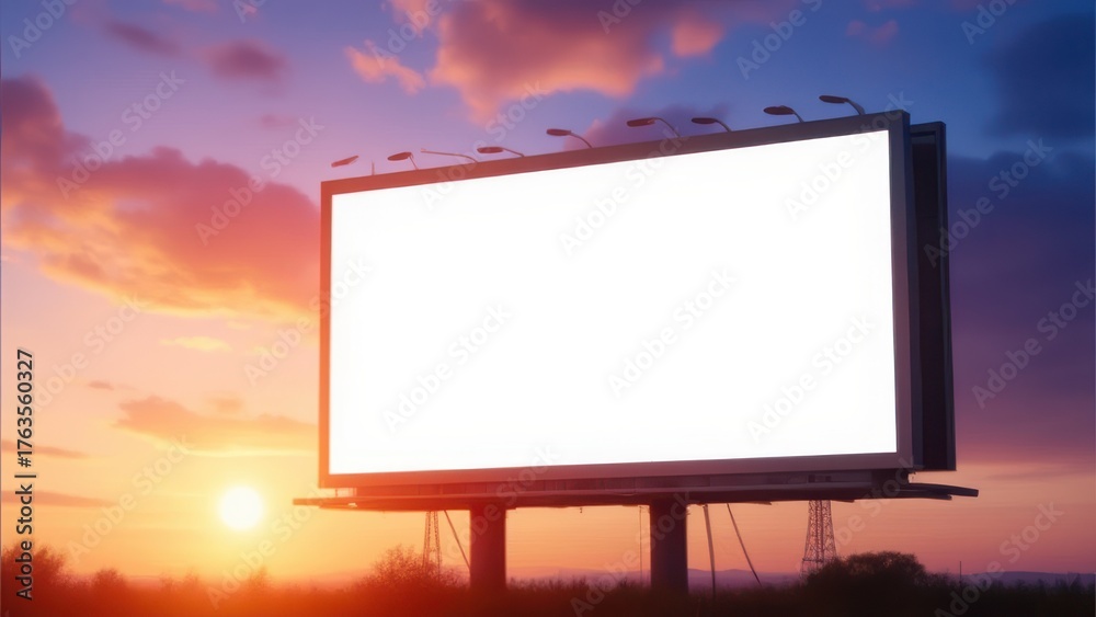 Fototapeta premium empty large format marketing billboard standing outdoors against a colorful sunset evening sky with warm light and clear gradient clouds, modern advertising mockup template concept of marketing