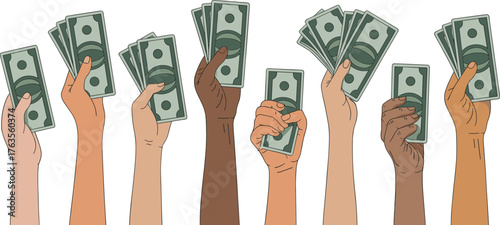 Unity in Finance, Diverse Hands Raising Dollar Bills. Inclusive Wealth Concept, People Sharing Money and Prosperity.