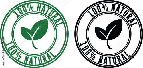 100 natural label vector illustration green and black stamp with leaf for organic product packaging