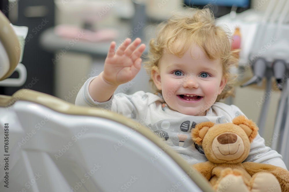 Fototapeta premium Happy toddler waving at the dentist with a teddy bear