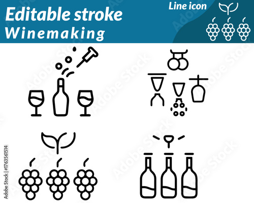 A detailed vector icon illustrating the winemaking process. featuring elements like a wine bottle grapes a wooden barrel and a glass of red wine. The design may include grape leaves corkscrew juice.