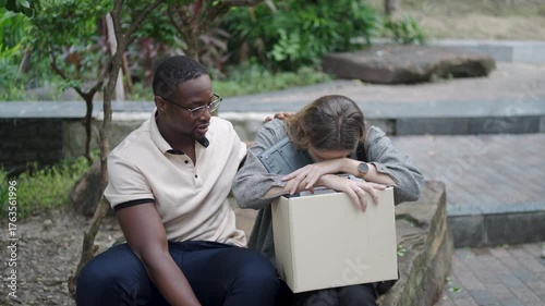 The unemployed person are stay together with friend for encouragement. Unemployment, Lay off, life 's crisis.