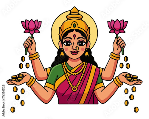 Goddess Lakshmi with Lotuses and Gold Coins – Prosperity Hindu Deity Vector Illustration
