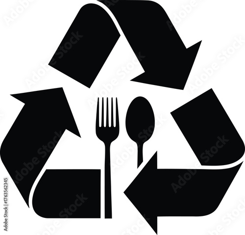 Recycle symbol with fork and spoon black icon representing sustainable food consumption or disposable compostable tableware