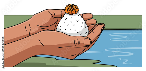 Pinda Daan a Hindu ritual of offering rice balls to ancestors. Hands holding pinda with a marigold flower for the Shraddha ceremony. Vector illustration.