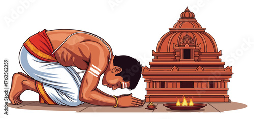 Indian man in traditional dhoti praying at a Hindu temple. Devotee prostrating in worship during puja ritual. Vector illustration of faith and devotion.