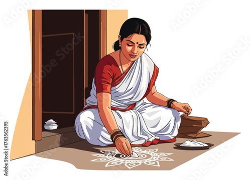 Indian woman in a traditional saree drawing a white rangoli or kolam at her doorstep. Vector illustration of a daily cultural tradition in India.