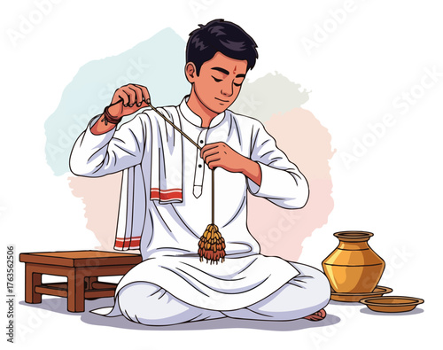 Young Man Performing Puja with Kalash – Indian Ritual Worship Scene Vector