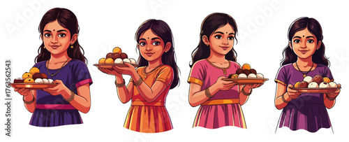 Indian Girls Holding Puja Thali with Sweets – Festival Offering Vector Character Set