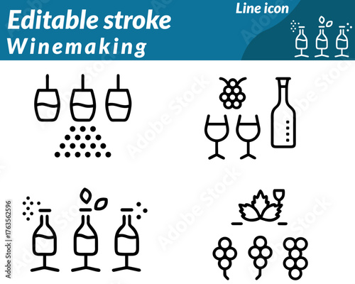 An elegant vector icon showing the winemaking process with grapes. wine bottle barrel and glass of wine. Includes grape leaves. cork or press elements to represent fermentation and tradition.