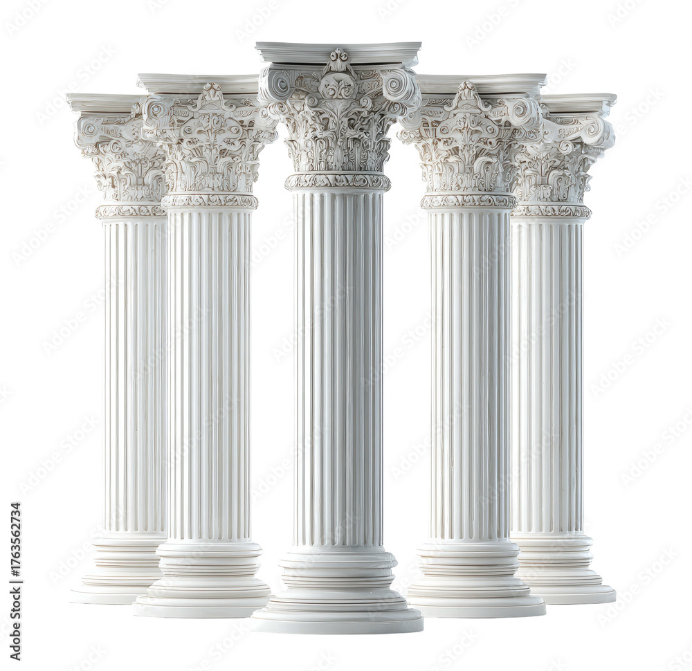 Fototapeta premium Five elegant white classical columns with ornate capitals stand against a transparent background