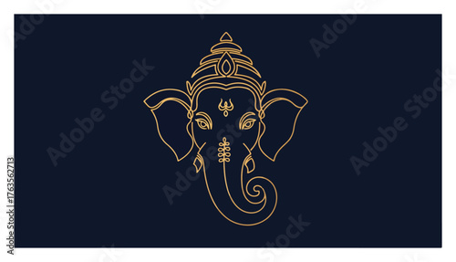 Golden Lord Ganesha face line art for Ganesh Chaturthi. Elegant Hindu god vector icon