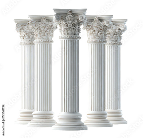 Five elegant white classical columns with ornate capitals stand against a transparent background