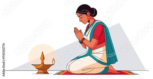 Indian woman in traditional sari kneeling in prayer with a lit diya lamp. Hindu religious worship or Diwali festival vector illustration