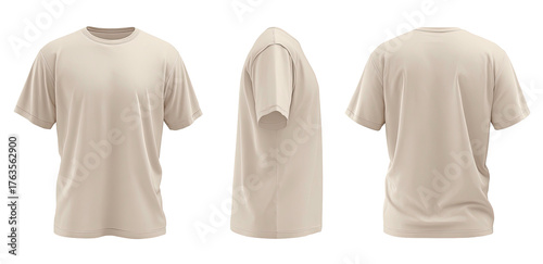 A beige t-shirt displayed from front, side and rear. Featuring a crew neck and short sleeves