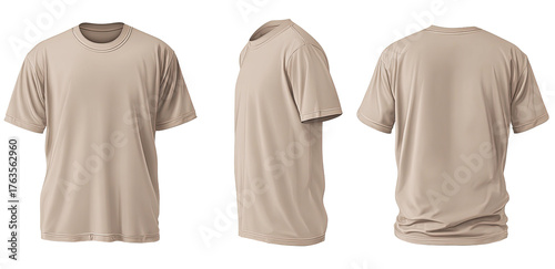 Three views of a short-sleeved, round-neck shirt in a neutral tan color, isolated on a black background