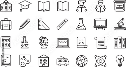 Collection of black line art icons representing education and learning objects school university