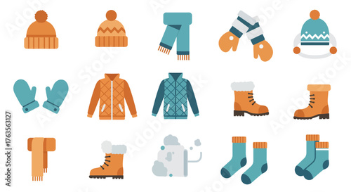 Winter clothing essentials in flat style: warm hats, gloves, jackets, and boots