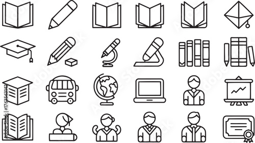 Collection of black line art icons representing education and school elements learning book