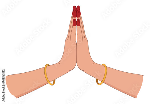 Indian woman hands in Namaste prayer gesture with bangles and alta. Close up vector illustration of Anjali Mudra for welcome and respect