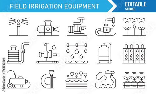 Agricultural water supply vector icon bundle, irrigation and farming equipment outline.