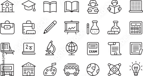 Collection of black line art icons representing education and school subjects learning