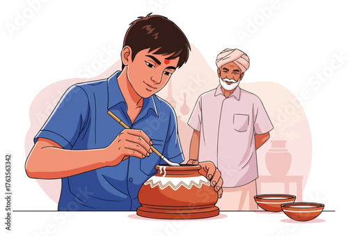 Indian Man Decorating a Clay Pot (Matka) for Dahi Handi Festival. Traditional Janmashtami Celebration Preparation.