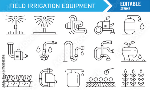 Water management and irrigation line icon collection, agricultural technology tools vector.