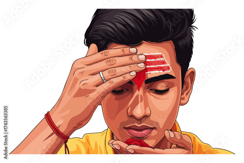 Hindu Man Applying a Traditional Tripundra Tilak on his Forehead. Close-up vector illustration of a religious ritual.
