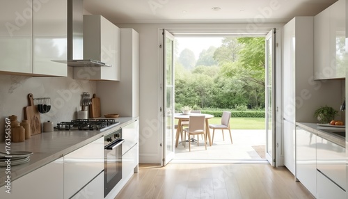 Modern white kitchen connects to garden patio via French doors. Open plan space features clean lines, light wood floors, and ample sunlight. Dining set visible outdoors.