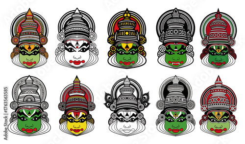 Kathakali Dancer Faces Icon Set – Kerala Classical Dance Masks Collection Vector